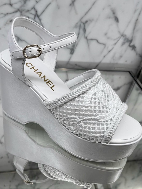 CHANEL Shoes - CHANEL White Braided Platform Wedge Sandal
